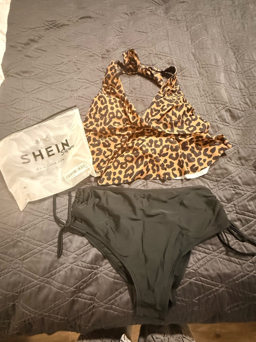 SHEIN Leopard Halter Flared Tankini Top with Black Tie-Side Bottoms